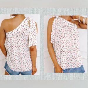 Red/White Cherry Print One-Shoulder Sleeveless Top: Small (boutique brand)
